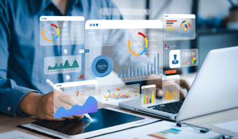 AI in marketing use, An analyst uses a computer and dashboard for data business analysis and Data Management System with KPI and metrics connected to the database for technology finance, operations, sales, marketing stock photo