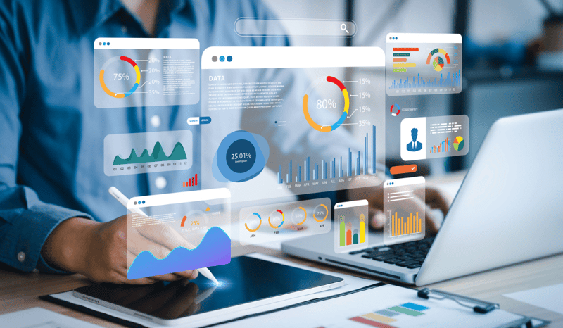 Image for AI in marketing use, An analyst uses a computer and dashboard for data business analysis and Data Management System with KPI and metrics connected to the database for technology finance, operations, sales, marketing stock photo