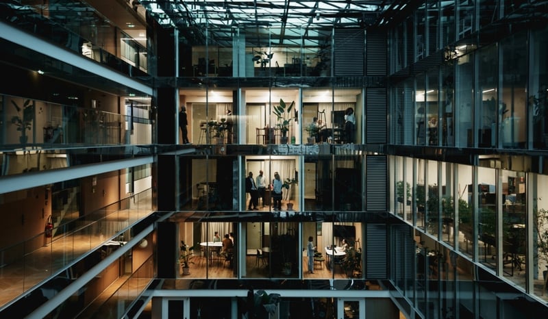 Image for Modern office building by night in Paris, France stock photo as organisational culture adapting due to AI concept