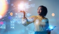 Woman in public services looking at digital systems for impact stock photo