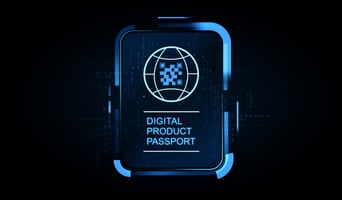 Digital product passport futuristic interface with QR globe icon on glowing screen in cyber style concept on dark background. 3D Rendering stock photo