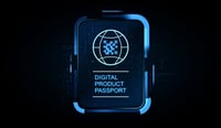 Digital product passport futuristic interface with QR globe icon on glowing screen in cyber style concept on dark background. 3D Rendering stock photo