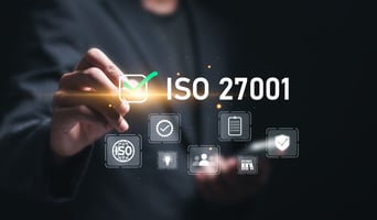 ISO 27001 concept. Businessman choose ISO 27001 for information security management system (ISMS). requirements, certification, management, standards. stock photo