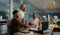Business, people and meeting with tablet in office for review of purpose-led organisational capabilities at desk stock photo