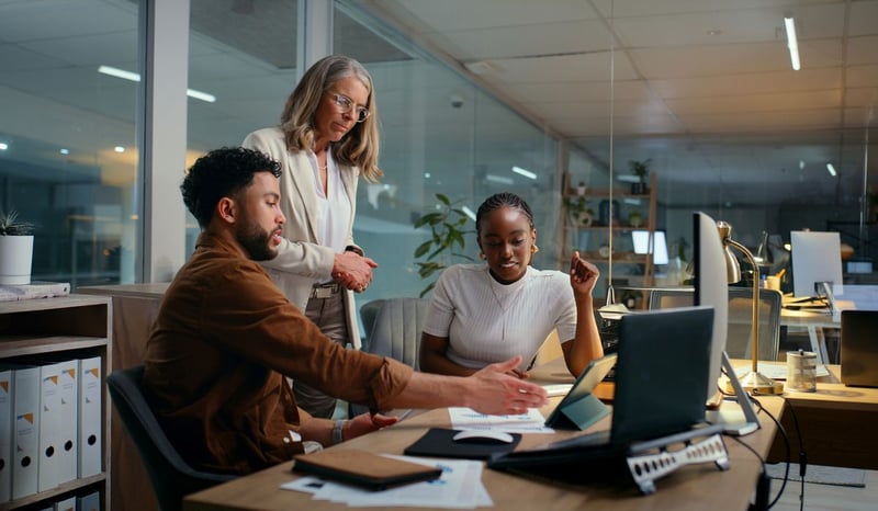 Image for Business, people and meeting with tablet in office for review of purpose-led organisational capabilities at desk stock photo