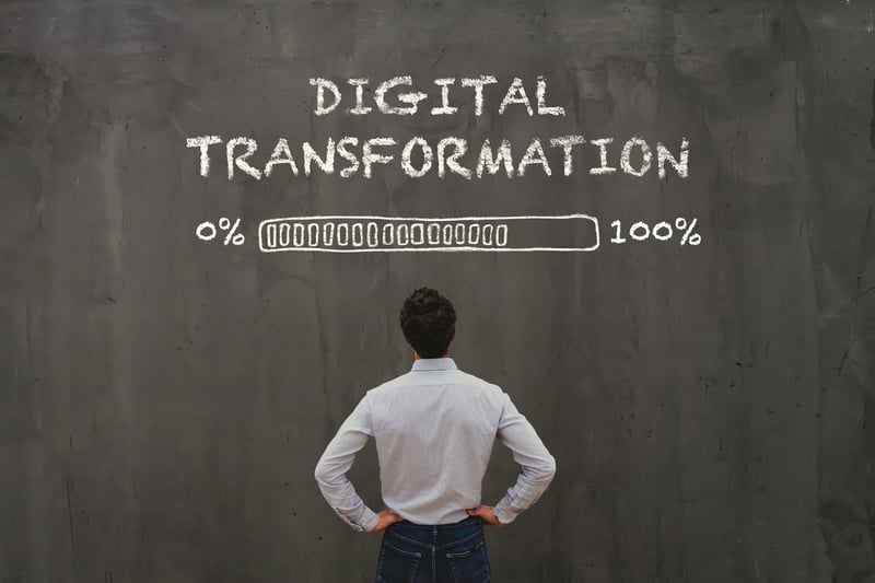 Image for Man looking up at Digital transformation loading up to 100% sign 