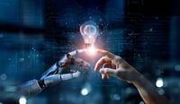 AI, Machine learning, Hands of robot and human touch on big data network, Brain data creative in light bulb, Science and artificial intelligence technology, innovation for futuristic. stock photo.jpg