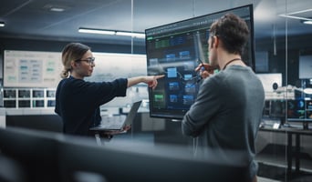 Two Diverse Software Developers Having a Meeting in a Conference Room. Female and Male Tech Industry Engineers Brainstorming Ideas for implementing GenAI in the public sector stock photo