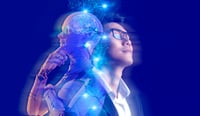 Business investment and AI artificial intelligence data analysis technology. Businessman and robot future investor as AI product manager concept stock photo.jpg