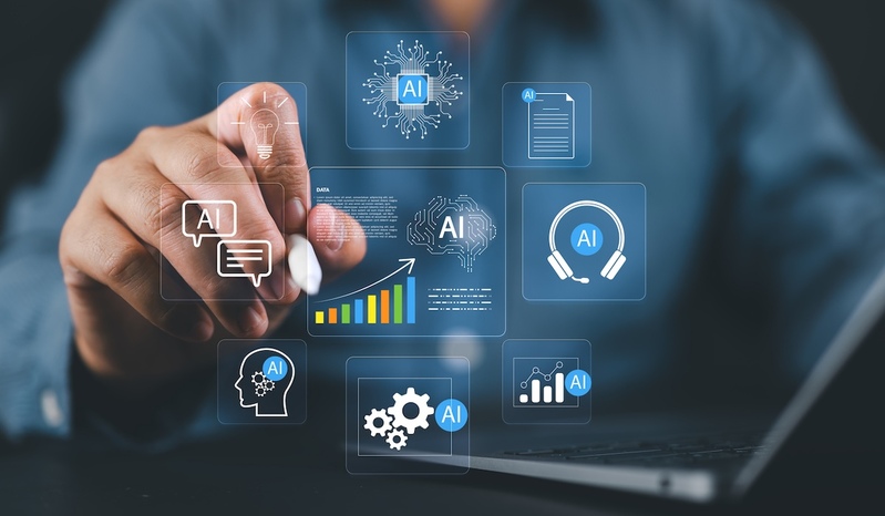 Image for Businessman using AI technology for data analysis automation intelligent software virtual assistant smart tools digital transformation workplace innovation machine learning stock photo