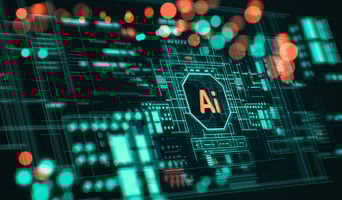 Illustration of AI board with the word AI in the center and abstract bokeh around it. Concept of Artificial Intelligence, Development of AI Technology with space for text. stock illustration