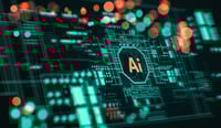 Illustration of AI board with the word AI in the center and abstract bokeh around it. Concept of Artificial Intelligence, Development of AI Technology with space for text. stock illustration