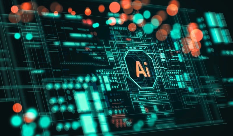 Image for Illustration of AI board with the word AI in the center and abstract bokeh around it. Concept of Artificial Intelligence, Development of AI Technology with space for text. stock illustration