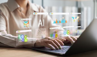 Woman sitting at desk using AI as o-intelligence in practice: Mastering AI augmentation concept