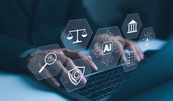 AI Laws and Regulations Concept. Hand typing on laptop with digital icons representing artificial intelligence, legal standard, ethics, and regulatory compliance, Technology law and policy, copyright, stock photo