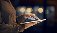Tablet scroll, hands and night woman typing data analysis, business feedback report or customer experience insight. Brand monitoring ui, social media research or worker review of system app analytics stock photo.jpg