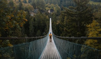 Man crossing bridge over forest stock photo as concept for bridging purpose and performance for impact through the theory of change