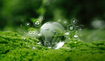 Crystal globe glass on green in forest with icon of Sustainable Development, green business, circular economy, supply chain, . renewable energy, carbon emission to net zero. Earth Day, and ESG concept stock photo