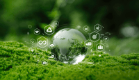 Crystal globe glass on green in forest with icon of Sustainable Development, green business, circular economy, supply chain, . renewable energy, carbon emission to net zero. Earth Day, and ESG concept stock photo