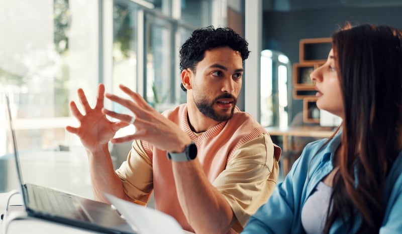 Image for Storytelling in age of AI concept through laptop and people with conversation, coaching and brainstorming for publication. Mentor, magazine editor or journalists with advice cooperation and pc with feedback, creativity or ideas stock photo.jpg