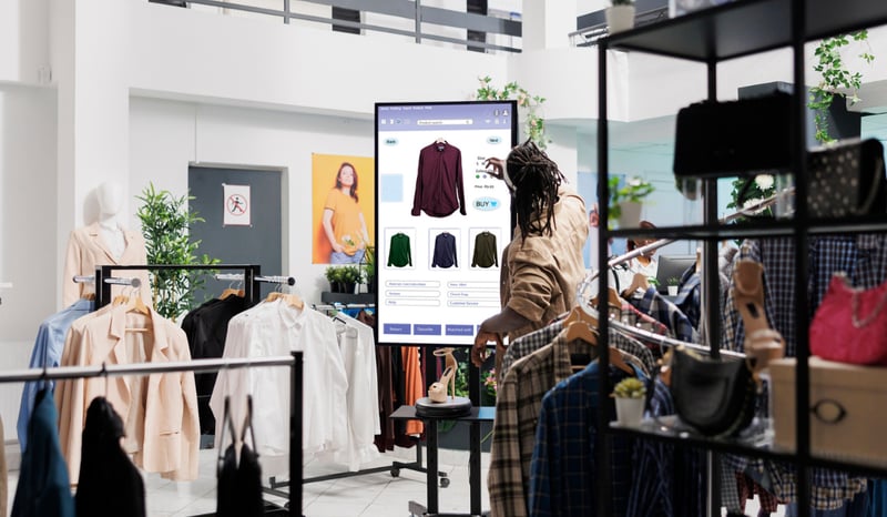 Image for African american man looks at clothes as phygital retail experience concept stock photo