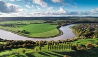 A drone landscape of Bristol, UK, with the River Severn snaking its way through the surrounds as UK water sector concept stock photo
