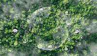Aerial shot of a forest with globe and tech icons over as circular business model tech stack concept