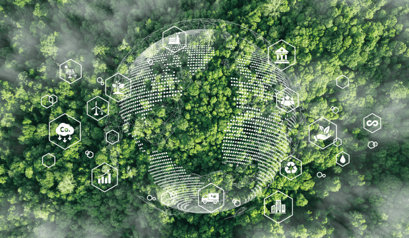 Image for Aerial shot of a forest with globe and tech icons over as circular business model tech stack concept