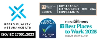 Award logos: Cyber Essentials, Sunday Times Best Place to Work 2025, Financial Times UK Leading Management Consultants 2020-2026, ISO 270001
