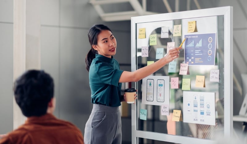 Image for Asian ux developer and ui designer presenting mobile app interface design on whiteboard in meeting at modern office digital transformation concept of navigating change stock photo