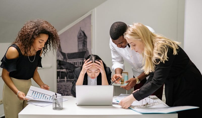 Image for team of people stressed in an office, fear of AI / resistance to AI concept stock photo