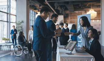 Event participants guest registering at reception desk attending business conference seminar stock photo.jpg