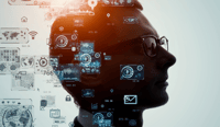 A man's head with lots of digitally generated images indicating the impact of Generative AI at work on people and creativity