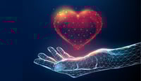 Abstract low poly giving hand with read heart. stock illustration
