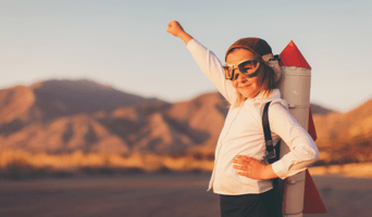 Young Business Girl of the future with Rocket Pack stock photo